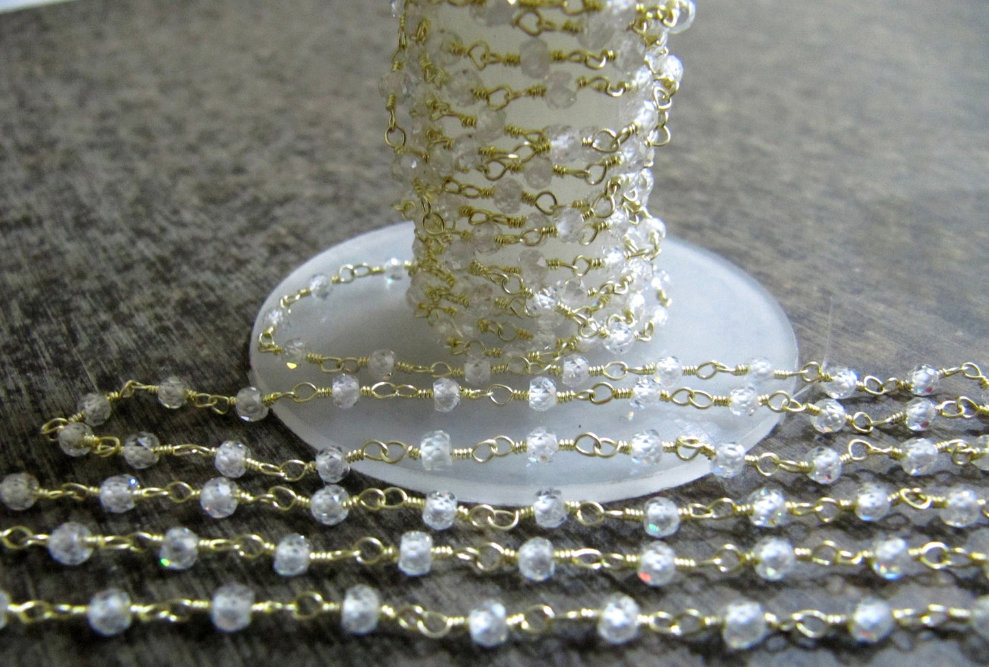 1 Foot -: White Cubic Zircon Rondelle Faceted 3-4mm Size Beaded Wire Wrapped Rosary Handmade chain Wholesale Prices Jewelry making chain