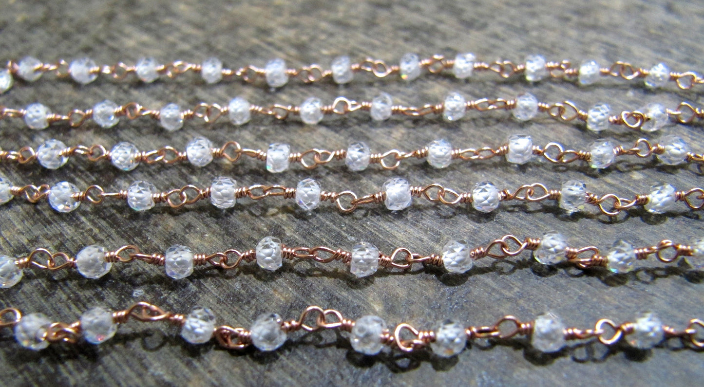 1 Foot -: White Cubic Zircon Rondelle Faceted 3-4mm Size Beaded Wire Wrapped Rosary Handmade chain Wholesale Prices Jewelry making chain