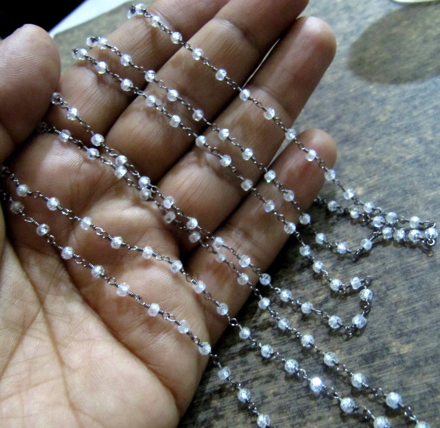 1 Foot -: White Cubic Zircon Rondelle Faceted 3-4mm Size Beaded Wire Wrapped Rosary Handmade chain Wholesale Prices Jewelry making chain