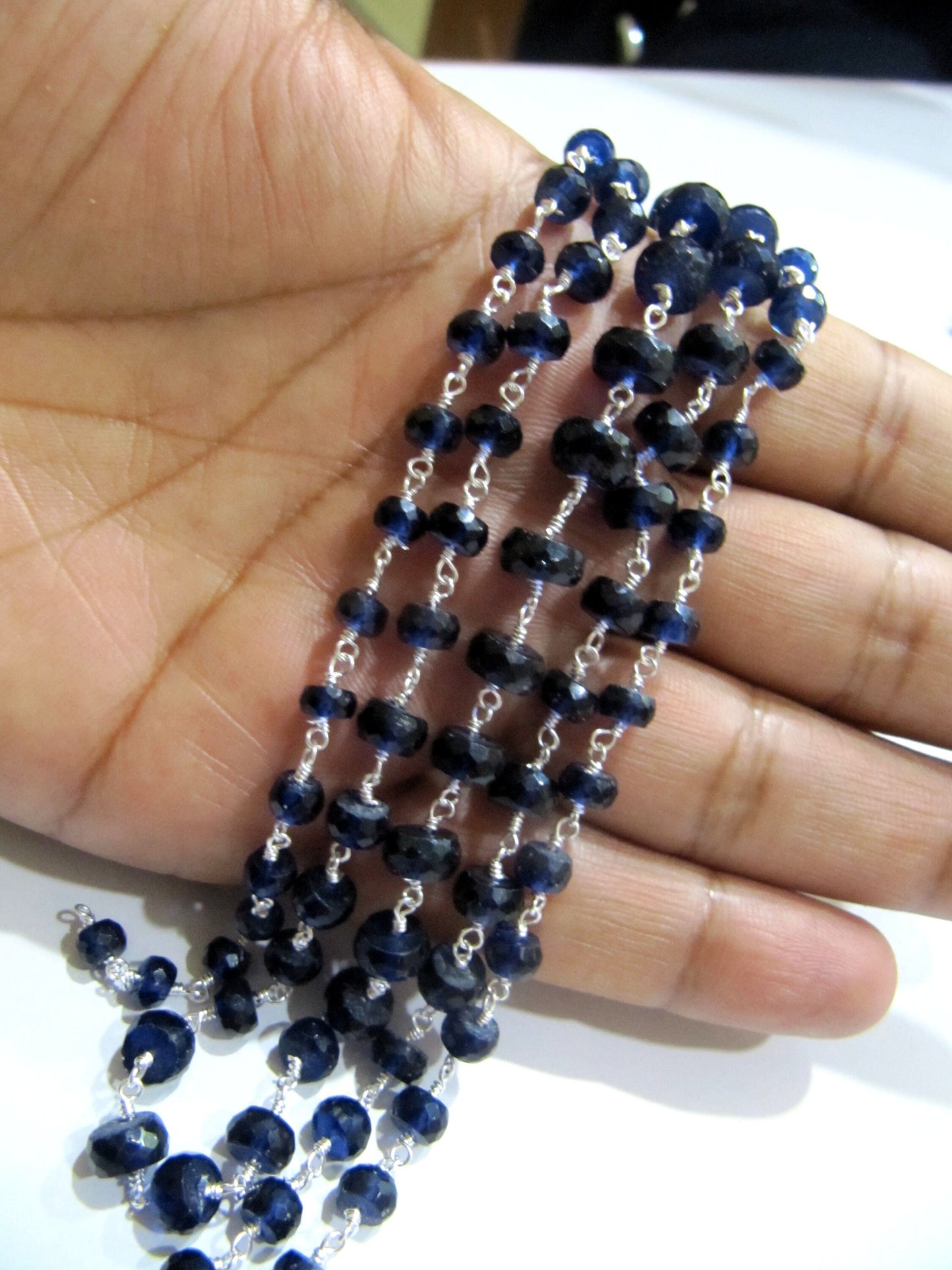 Blue Sapphire Rondelle Faceted 5 to 8mm Size Graduated Beaded Wire Wrapped Chain Jewelry making Chain Wholesale Prices Sold per foot