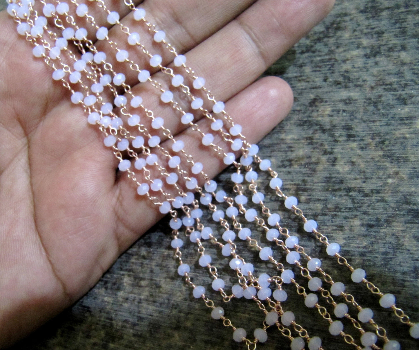 3 Feet -Rose Quartz Rondelle Faceted 3-4mm Beaded Wire Wrapped Rosary Chain ,Gold/Silver/Black/RoseGold Plated Sterling Silver Wholesale