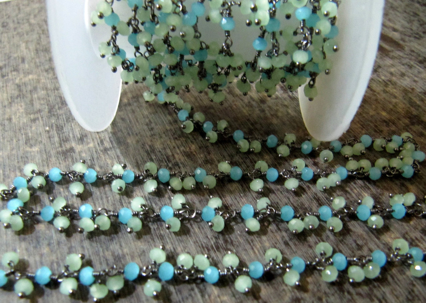 1 Foot-: Green And Aqua Chalcedony Rondelle Faceted 3mm Size Beaded dangling cluster thick Rosary Chain Wholesale Prices