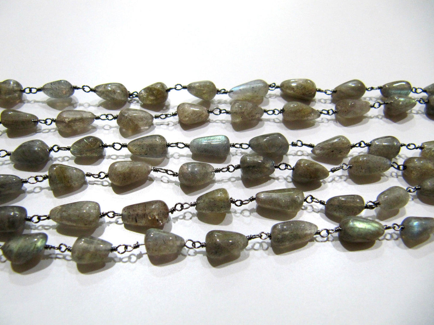 Natural Labradorite Plain Smooth Drop Shape 5x10mm Size Wire Wrapped Beaded Rosary Chain Jewelry making Chain Wholesale Prices sold per foot