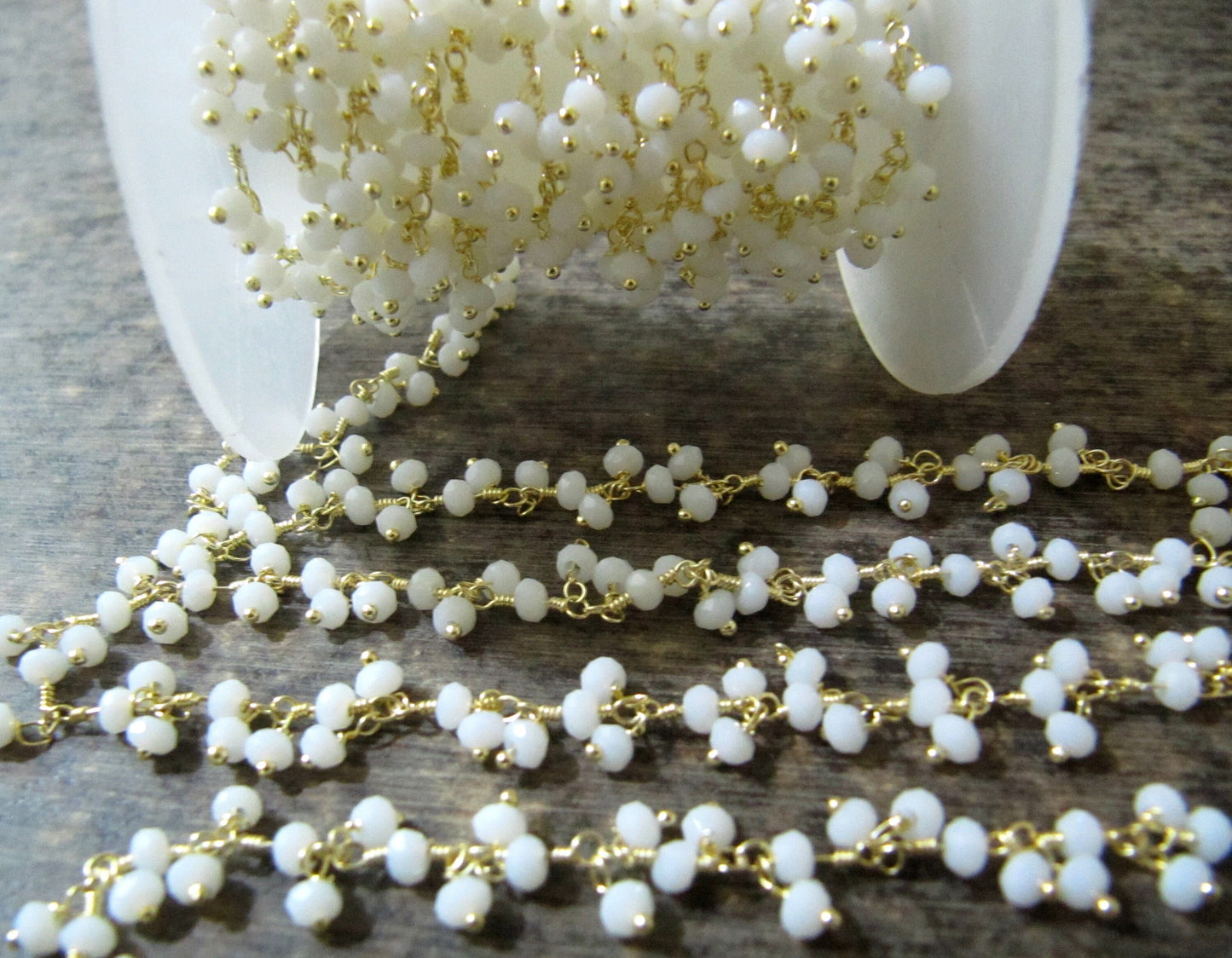 1 Foot-: White Chalcedony rondelle faceted 3-4mm size Beaded Wire Wrapped dangling cluster thick chain wholesale Prices