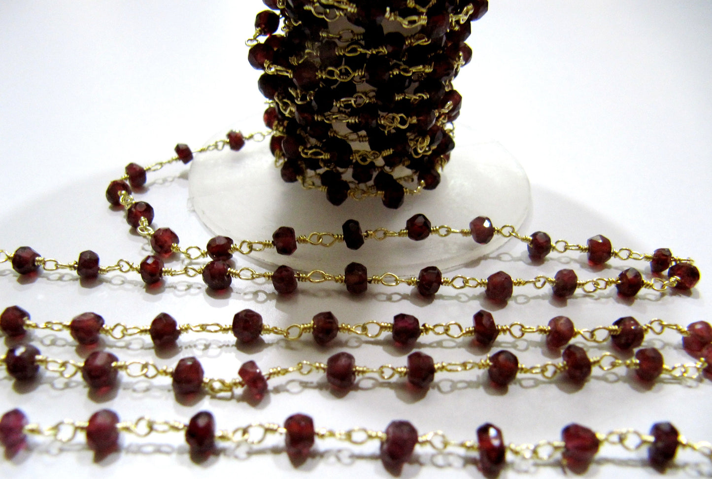 1 Foot-: Natural Garnet rondelle faceted 3-4mm size beaded wire wrapped rosary chain wholesale prices jewelry making chain