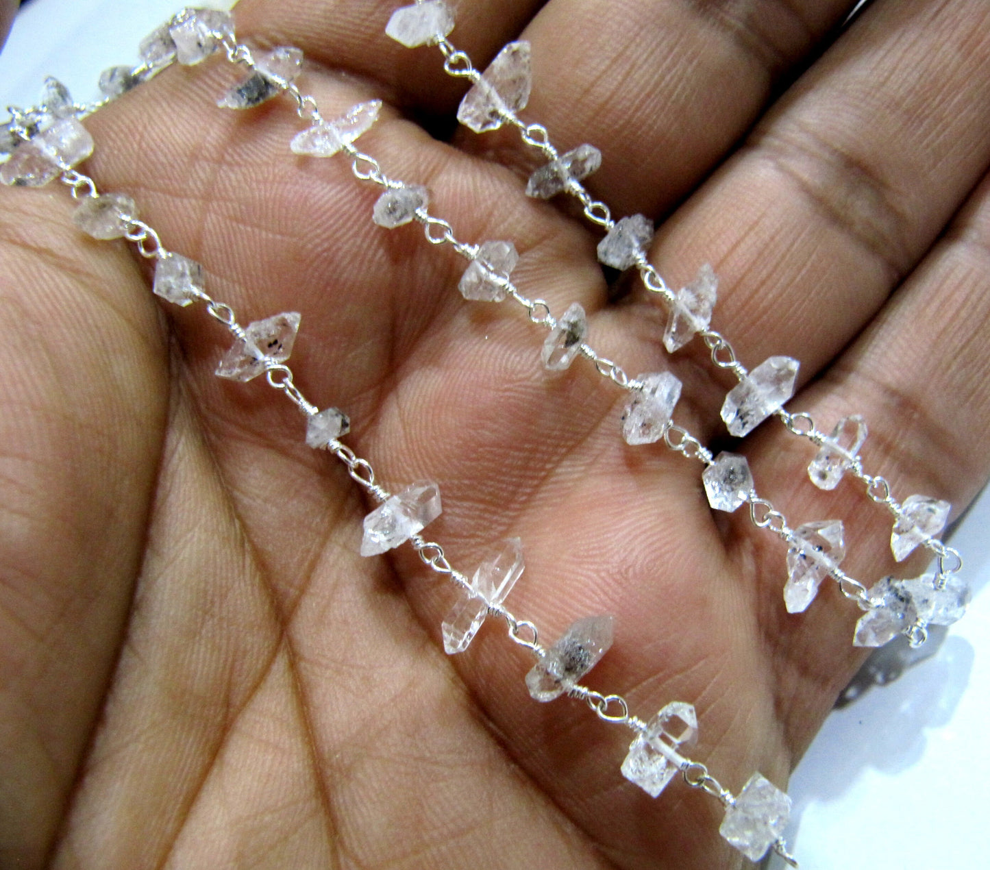 1 Foot -: Natural Herkimer Diamond Quartz irregular Rough Chip 5 to 8mm Beaded Wire Wrapped Rosary Chain Wholesale Prices