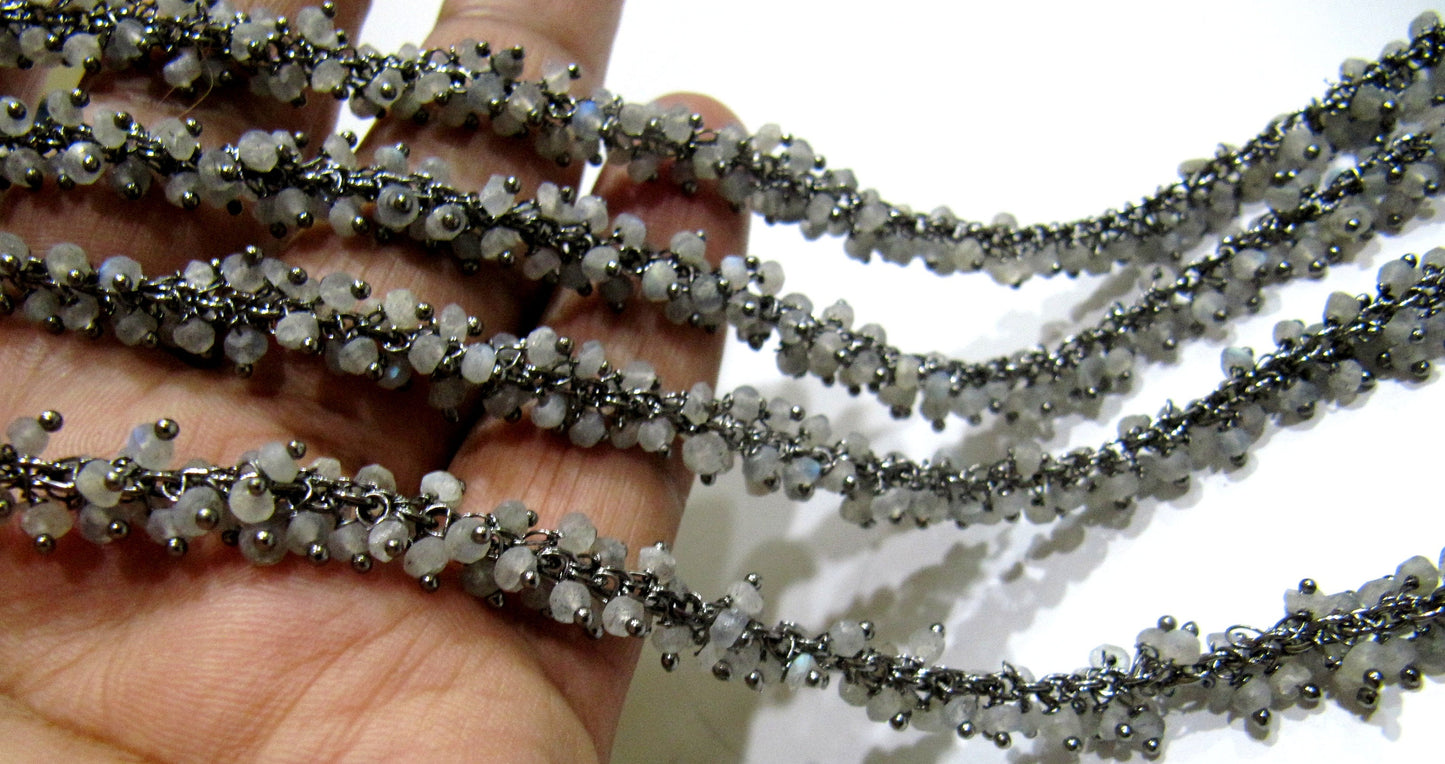 Natural Labradorite Rondelle Micro faceted 3mm Beaded Dangling Cluster Wire Wrapped Rosary Chain Wholesale Prices