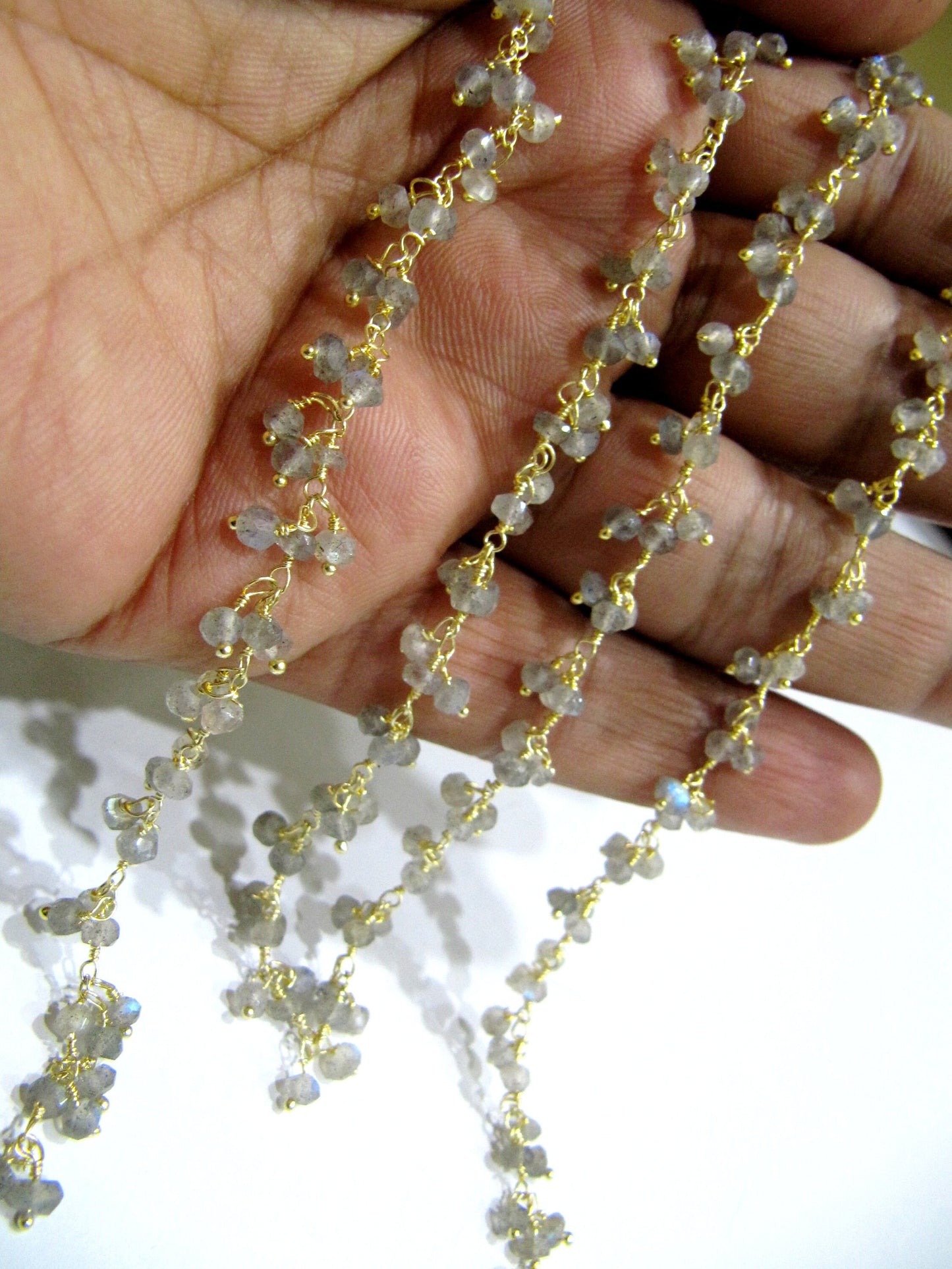 1 Foot -: Natural Labradorite Rondelle Faceted 3mm Size Beaded Wire Wrapped Dangling Cluster Rosary Chain Wholesale Prices
