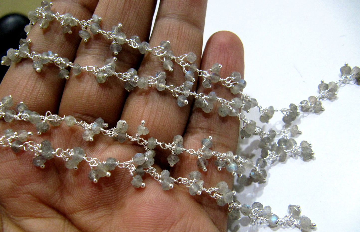 1 Foot -: Natural Labradorite Rondelle Faceted 3mm Size Beaded Wire Wrapped Dangling Cluster Rosary Chain Wholesale Prices
