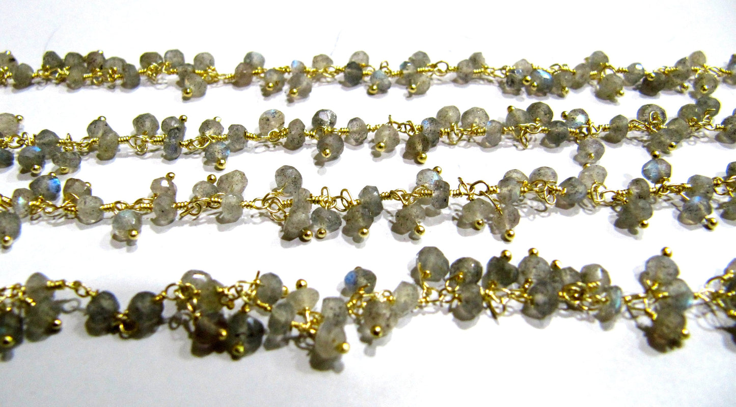 1 Foot -: Natural Labradorite Rondelle Faceted 3mm Size Beaded Wire Wrapped Dangling Cluster Rosary Chain Wholesale Prices
