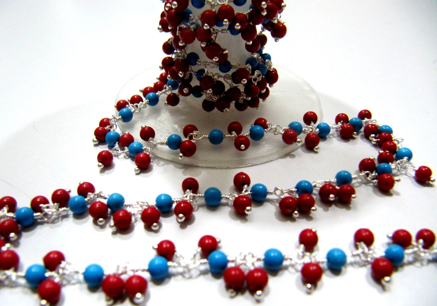Smooth Coral Turquoise Plain Round Ball Beaded 3mm Cluster Dangling Wire Wrapped Chain Wholesale Prices Jewelry Making Chain sold per foot