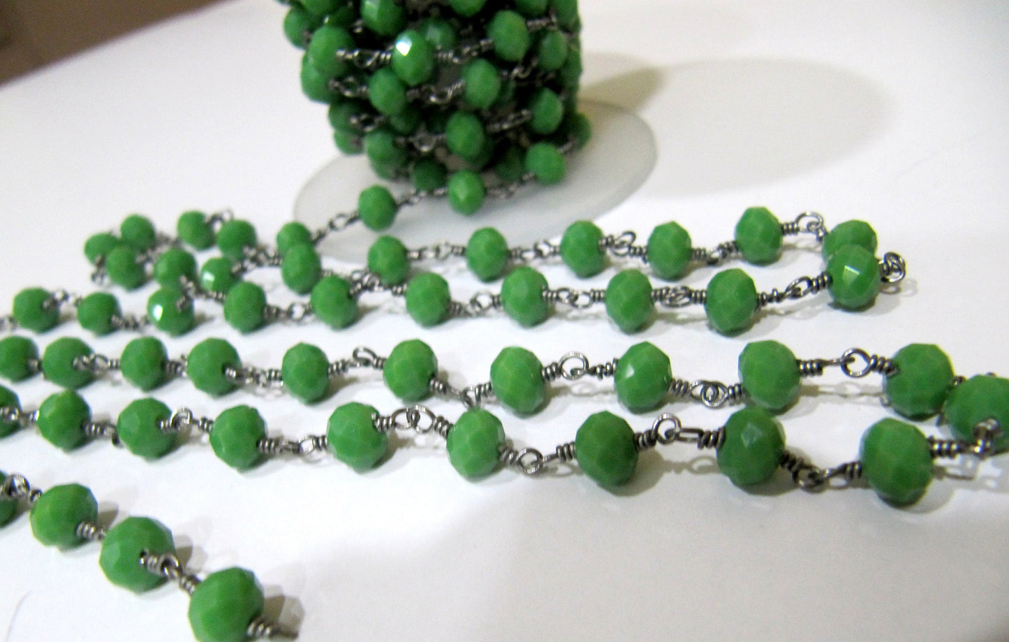 Olive Green Chalcedony 6mm Rondelle Hydro Quartz Beads Wire Wrapped Beaded Rosary Chain Wholesale Prices Jewelry making chain Per Foot