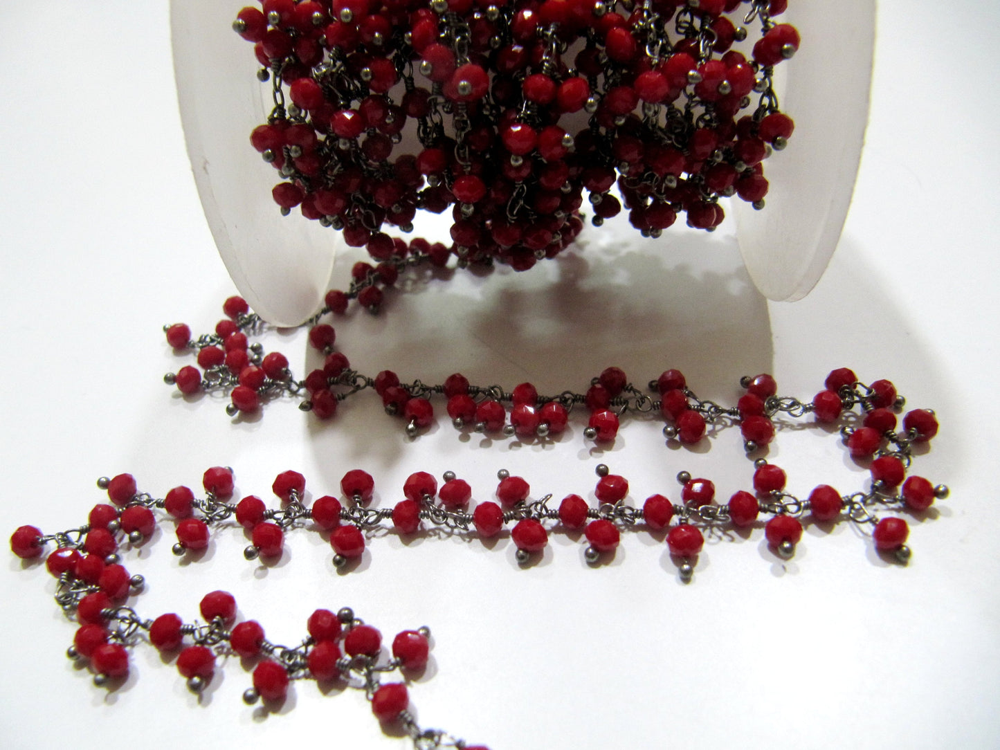 Red Coral 3mm Rondelle Faceted Hydro Quartz Beads Dangling Beaded Chain Wire Wrapped Cluster Handmade Stone Chains sold per foot