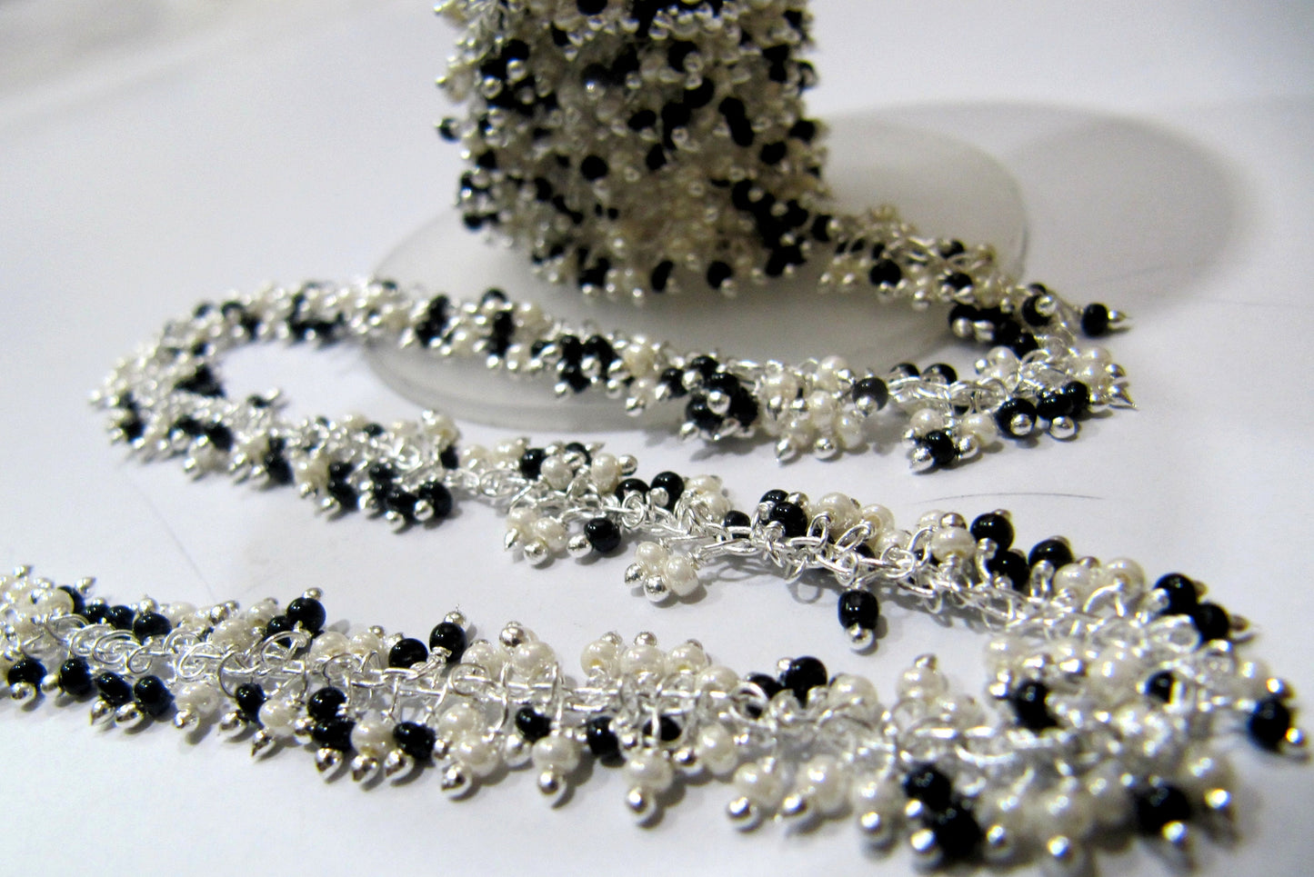 Pearl and Black Spinle 2mm Rondelle Plain Smooth beads Wire Wrapped Chain Multi Beaded Cluster Dangling Handmade Beaded Chain sold per foot