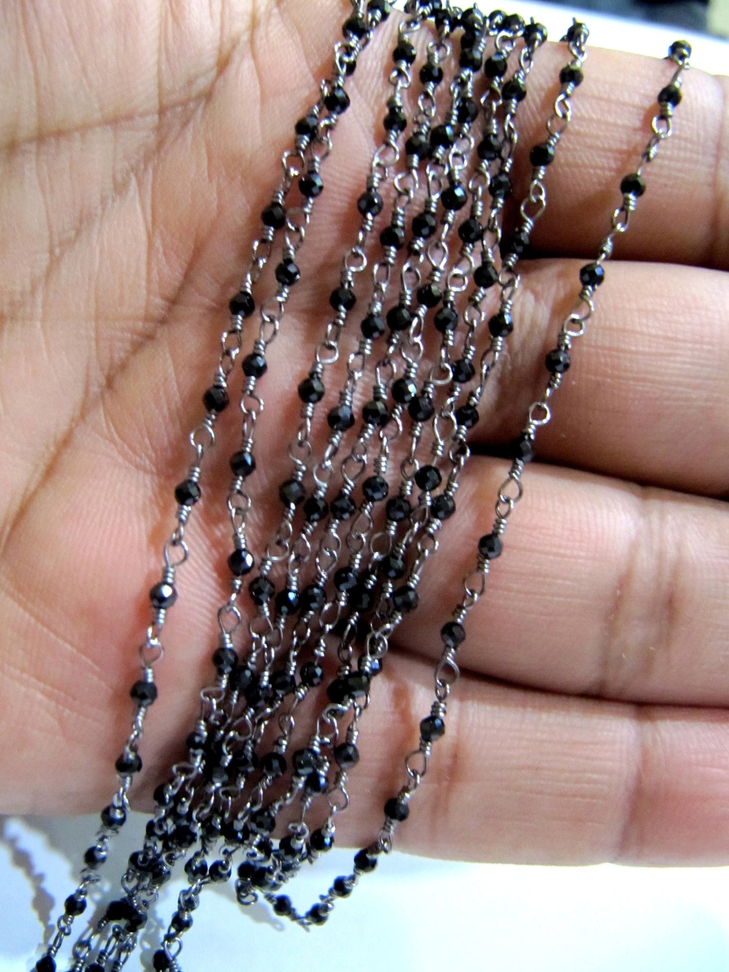 1 Foot -: Natural Black Spinel Rondelle Micro Faceted 2mm Size Beaded Wire Wrapped Rosary Chain Wholesale Prices Jewelry making Chain