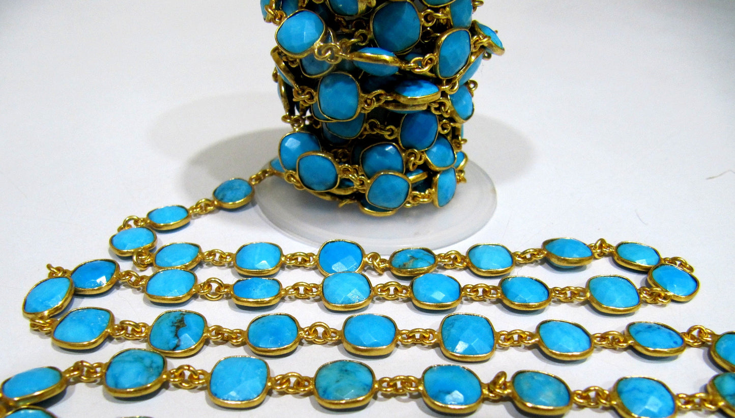Natural Turquoise Magnesite Briolette Faceted Cushion shape 9mm size Bezel Connector Chain Wholesale Prices Handmade Jewelry chain per foot