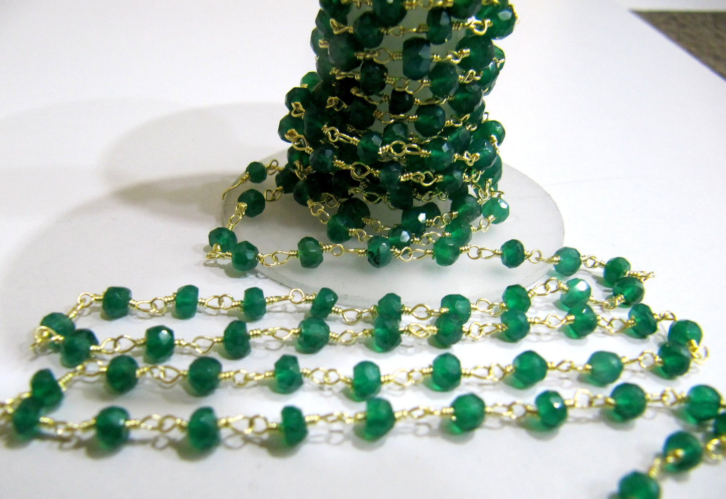 1 Foot -: Natural Green Onyx Rondelle Faceted 3-4mm Size Gemstone Beaded Wire Wrapped Rosary chain Wholesale Prices handmade chain