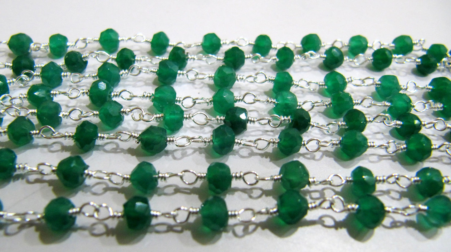 1 Foot -: Natural Green Onyx Rondelle Faceted 3-4mm Size Gemstone Beaded Wire Wrapped Rosary chain Wholesale Prices handmade chain