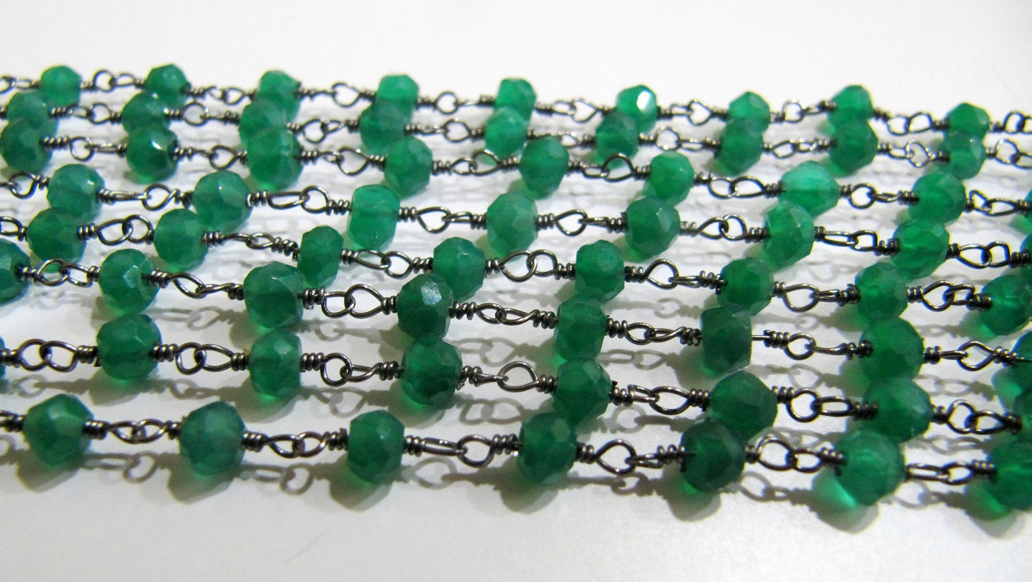1 Foot -: Natural Green Onyx Rondelle Faceted 3-4mm Size Gemstone Beaded Wire Wrapped Rosary chain Wholesale Prices handmade chain