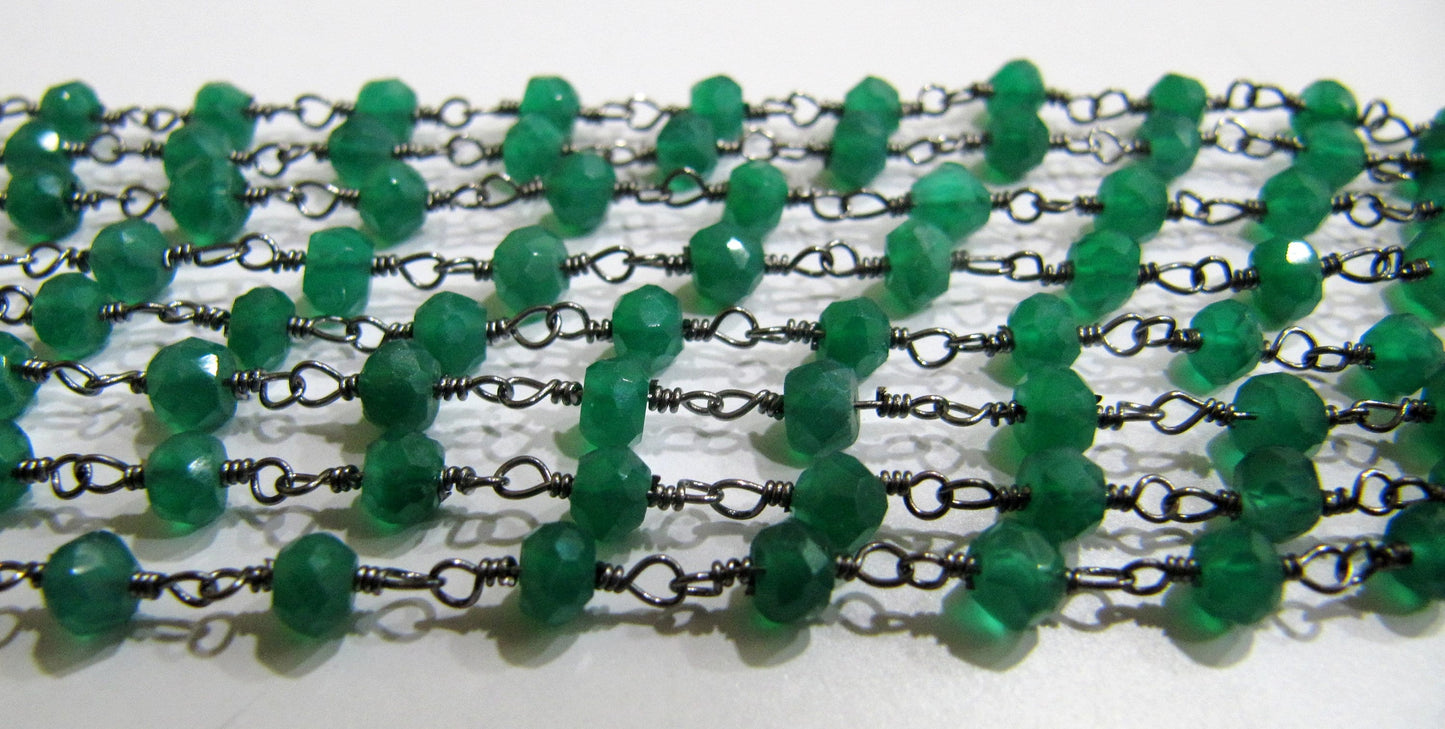 1 Foot -: Natural Green Onyx Rondelle Faceted 3-4mm Size Gemstone Beaded Wire Wrapped Rosary chain Wholesale Prices handmade chain