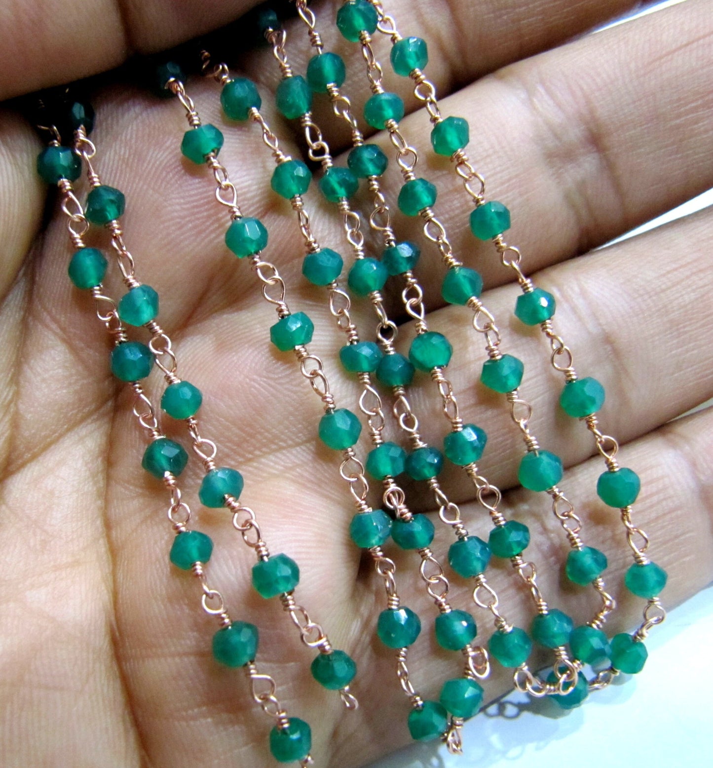 1 Foot -: Natural Green Onyx Rondelle Faceted 3-4mm Size Gemstone Beaded Wire Wrapped Rosary chain Wholesale Prices handmade chain