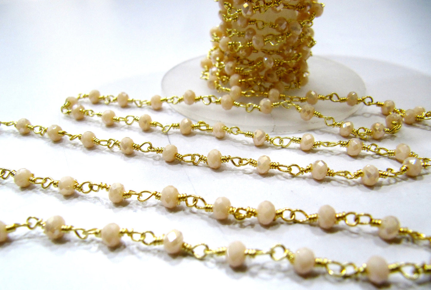 1 Foot-: Mystic Coated Pink Chalcedony Hydro Quartz Rondelle Faceted 3-4mm Size beaded Wire Wrapped Rosary Chain Wholesale prices