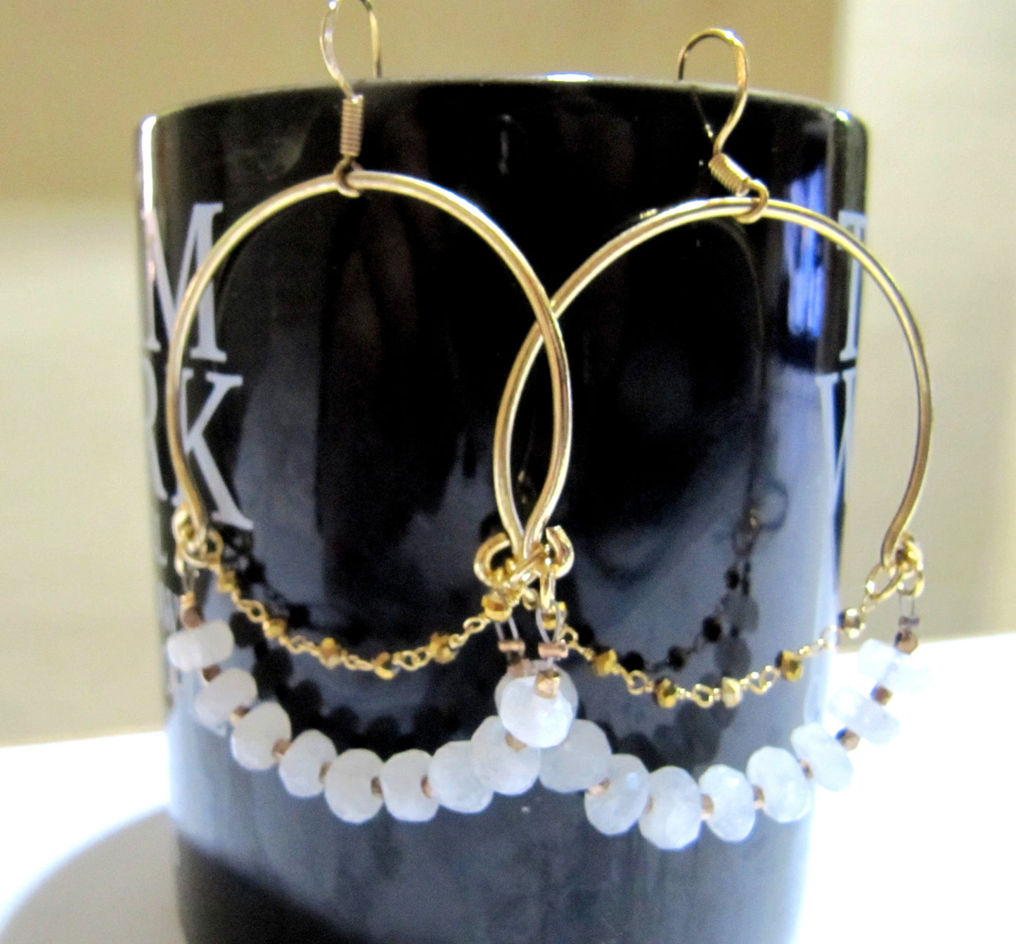 Natural White Moonstone Rondelle Faceted 7-8mm Gemstone Gold Plated Beaded Hoop Earring Wholesale Prices Handmade hand crafted Jewelry