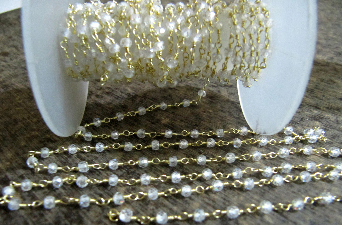 1 Foot -: White Cubic Zircon Rondelle Faceted 3-4mm Size Beaded Wire Wrapped Rosary Handmade chain Wholesale Prices Jewelry making chain