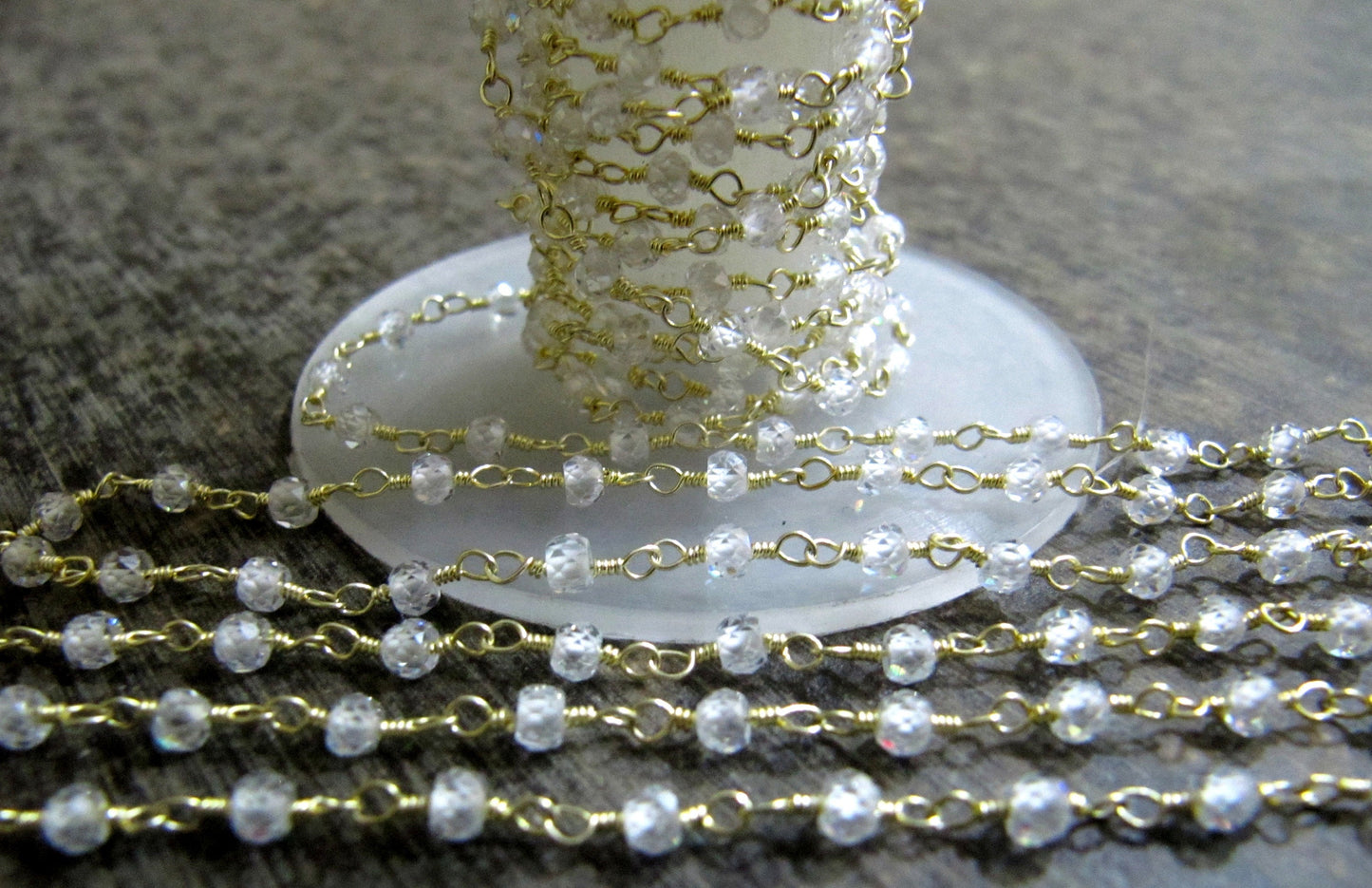 1 Foot -: White Cubic Zircon Rondelle Faceted 3-4mm Size Beaded Wire Wrapped Rosary Handmade chain Wholesale Prices Jewelry making chain