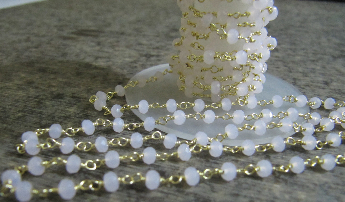 3 Feet -Rose Quartz Rondelle Faceted 3-4mm Beaded Wire Wrapped Rosary Chain ,Gold/Silver/Black/RoseGold Plated Sterling Silver Wholesale