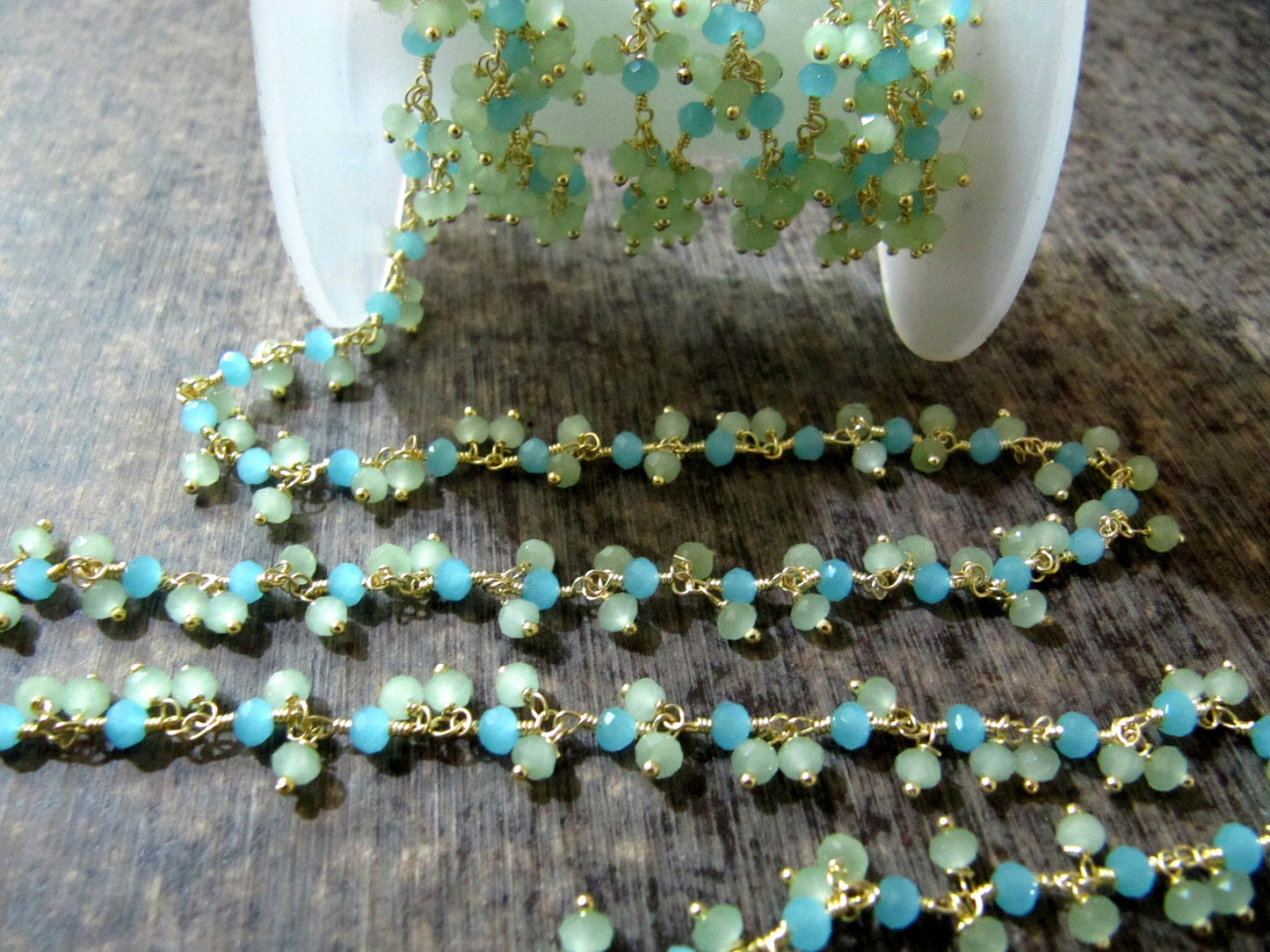 1 Foot-: Green And Aqua Chalcedony Rondelle Faceted 3mm Size Beaded dangling cluster thick Rosary Chain Wholesale Prices