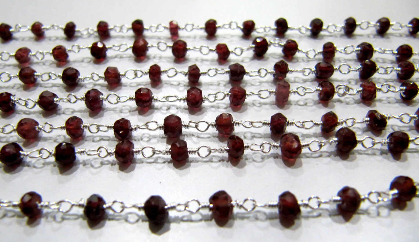 1 Foot-: Natural Garnet rondelle faceted 3-4mm size beaded wire wrapped rosary chain wholesale prices jewelry making chain