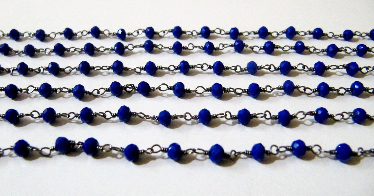 1 Foot-: Peacock Blue Color Hydro Quartz Rondelle Faceted 3-4mm Size Beaded Wire Wrapped Rosary Chain Wholesale Prices