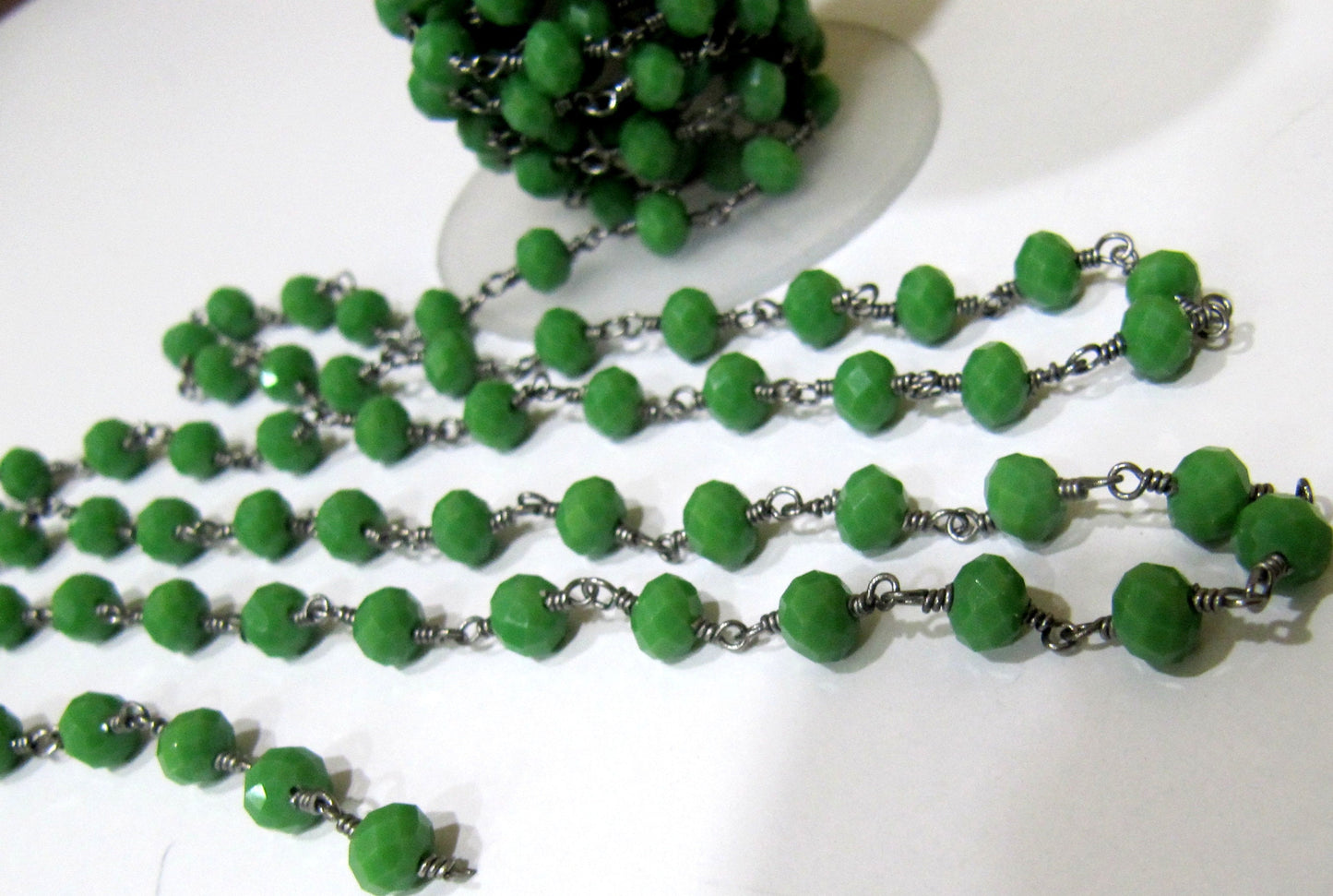 Olive Green Chalcedony 6mm Rondelle Hydro Quartz Beads Wire Wrapped Beaded Rosary Chain Wholesale Prices Jewelry making chain Per Foot