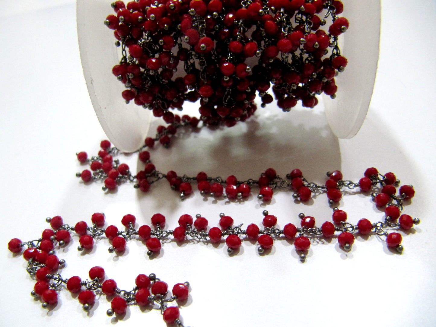 Red Coral 3mm Rondelle Faceted Hydro Quartz Beads Dangling Beaded Chain Wire Wrapped Cluster Handmade Stone Chains sold per foot