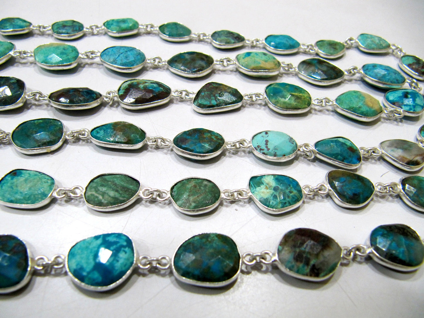 Natural Chrysocolla Briolette faceted Size 10 to 15mmConnector Bezel Chain Uneven Free Shape Sold Per Foot Wholesale Prices