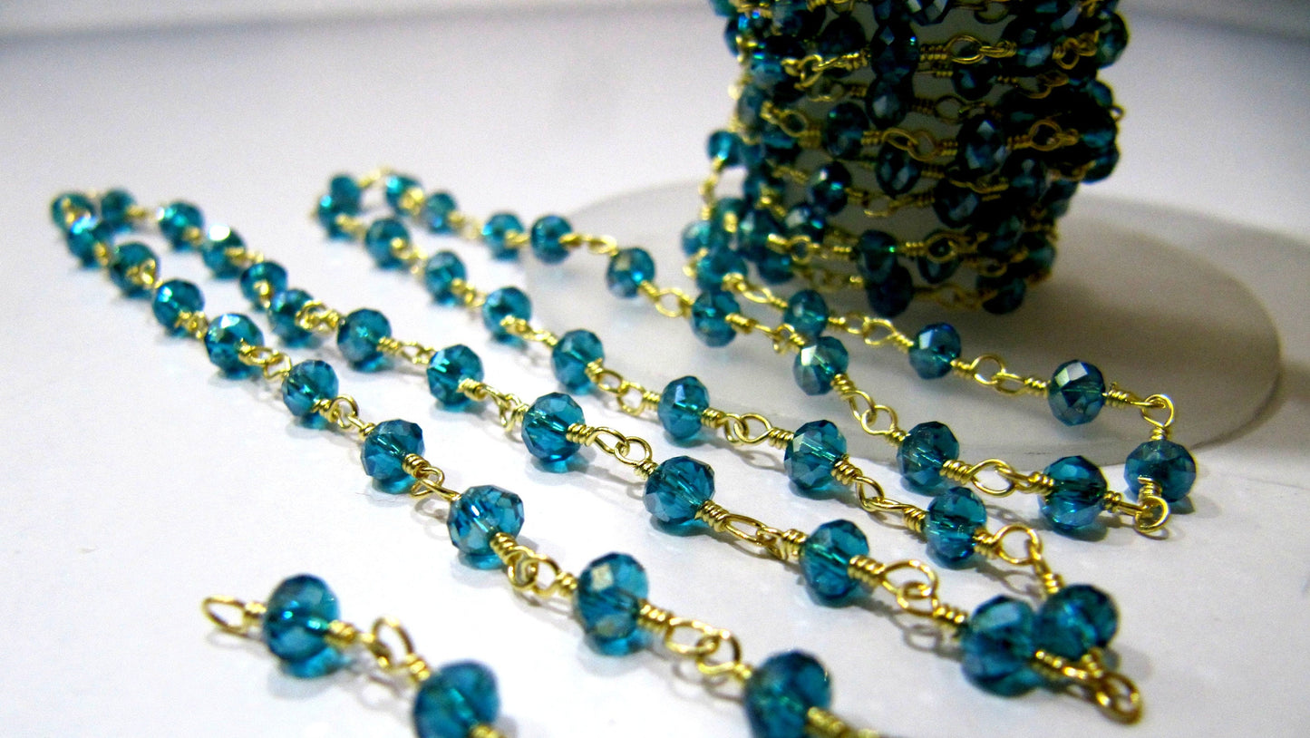 3 Ft-Swiss Blue Topaz Hydro Quartz Rosary Chain Rondelle Faceted Beaded 3mm Size Hydro Quartz Bead Chain Wholesale Prices Crystal chain