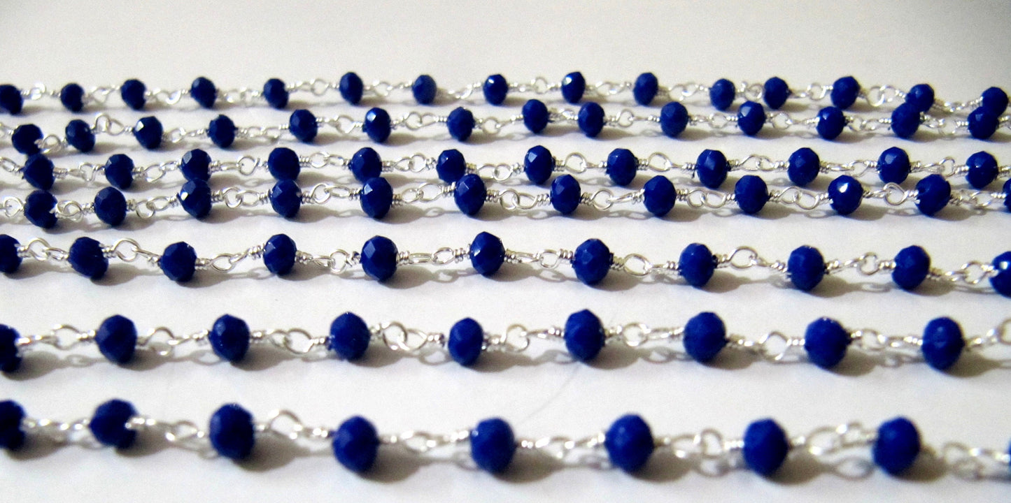 1 Foot-: Peacock Blue Color Hydro Quartz Rondelle Faceted 3-4mm Size Beaded Wire Wrapped Rosary Chain Wholesale Prices