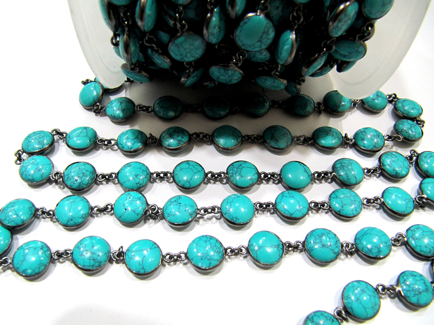 Turquoise Round Plain Smooth 10mm Coin Shape Bezel Connecter Gemstone Handmade Chain Sold Per Foot Oxidized Black Plated