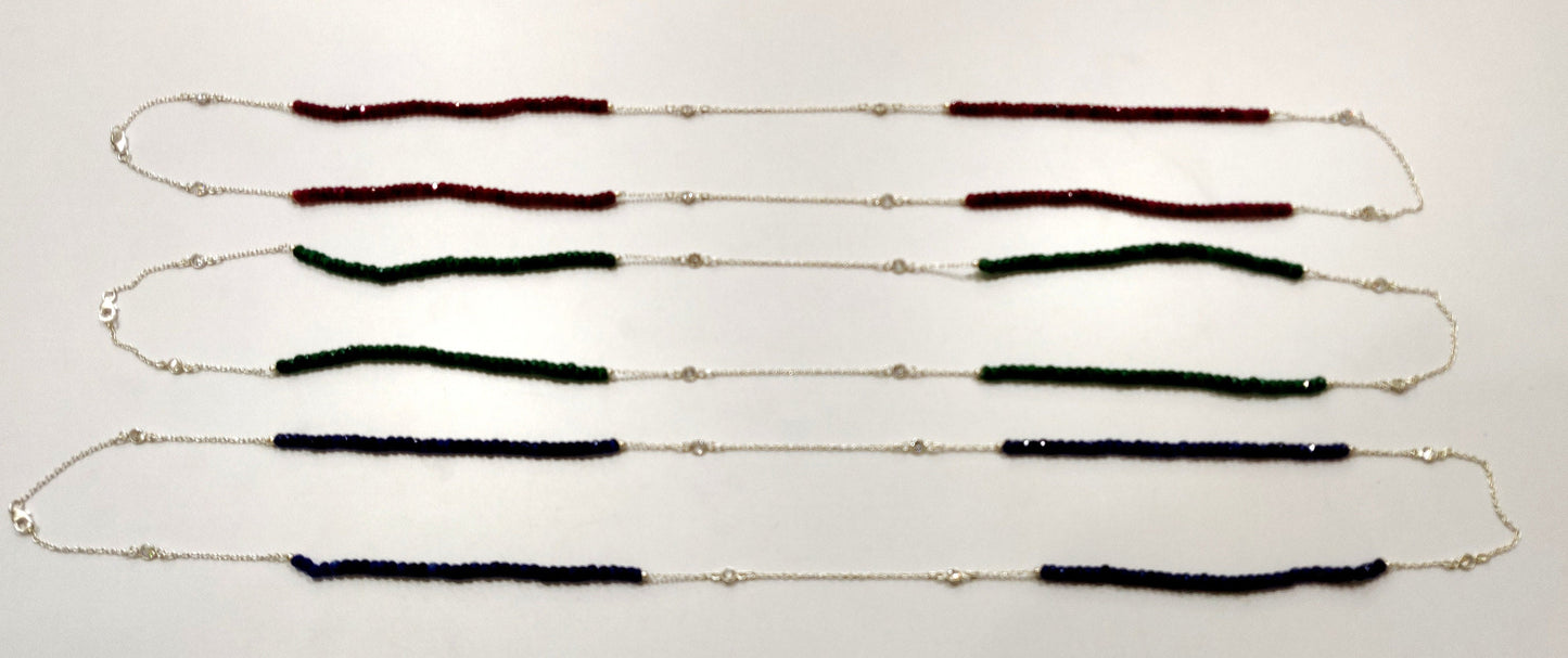 Natural Precious Gemstone 4mm Rondelle faceted Beaded Sterling Silver Necklace 34 Inches Ruby Sapphire Emerald CZ connector Link Necklace