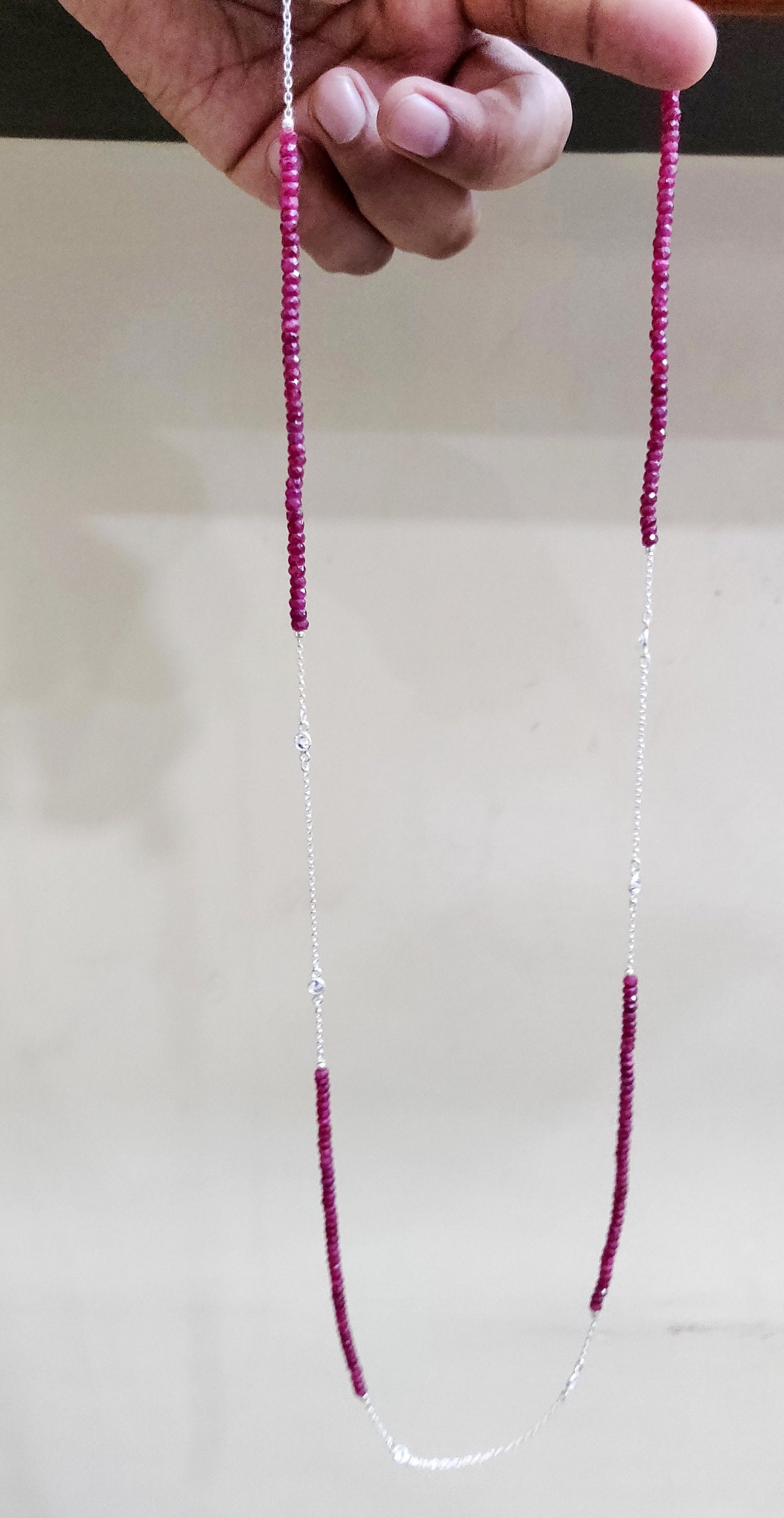 Natural Precious Gemstone 4mm Rondelle faceted Beaded Sterling Silver Necklace 34 Inches Ruby Sapphire Emerald CZ connector Link Necklace