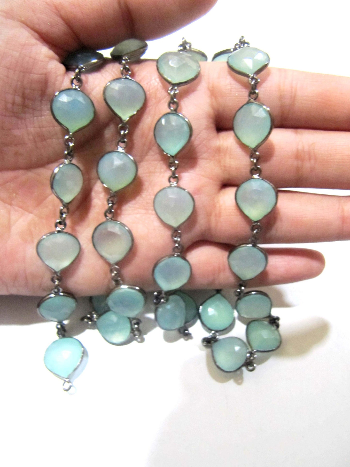 Natural Aqua Chalcedony Briolette Heart Shape 12-14mm Bezel Chain Sold Per Foot Handmade Gemstones Connector Chain