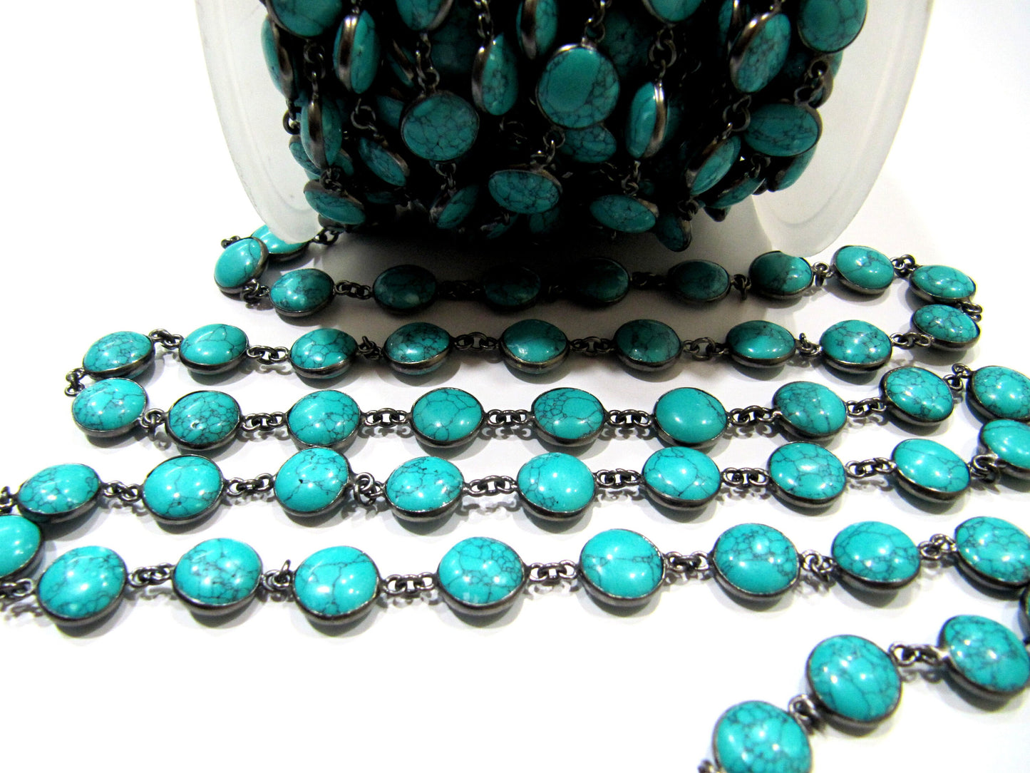 Turquoise Round Plain Smooth 10mm Coin Shape Bezel Connecter Gemstone Handmade Chain Sold Per Foot Oxidized Black Plated