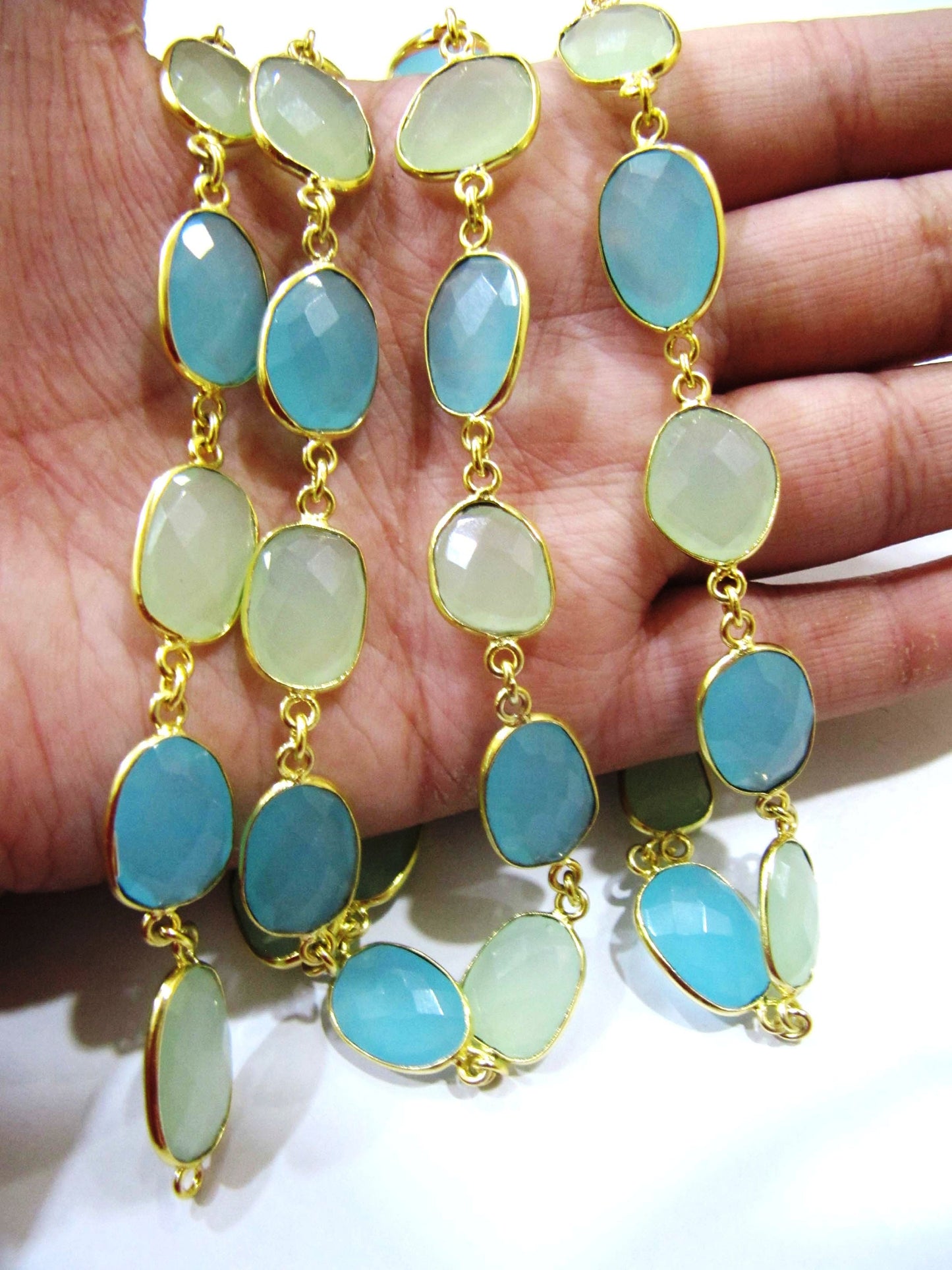 Multi color Green and Aqua Chalcedony free Shape Briolette 10 to 15mm Bezel Connector Chain Sold Per Foot choose the plating color
