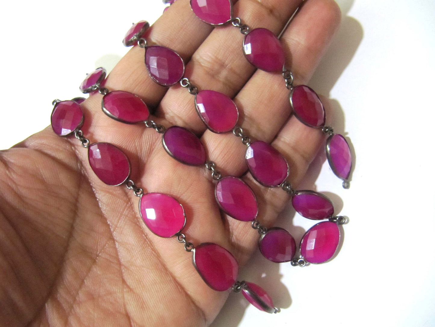 Natural Hot Pink Chalcedony Free Shape Briolette Faceted Bezel Connector Chain 15x20mm Sold Per Foot High Quality Wholesale