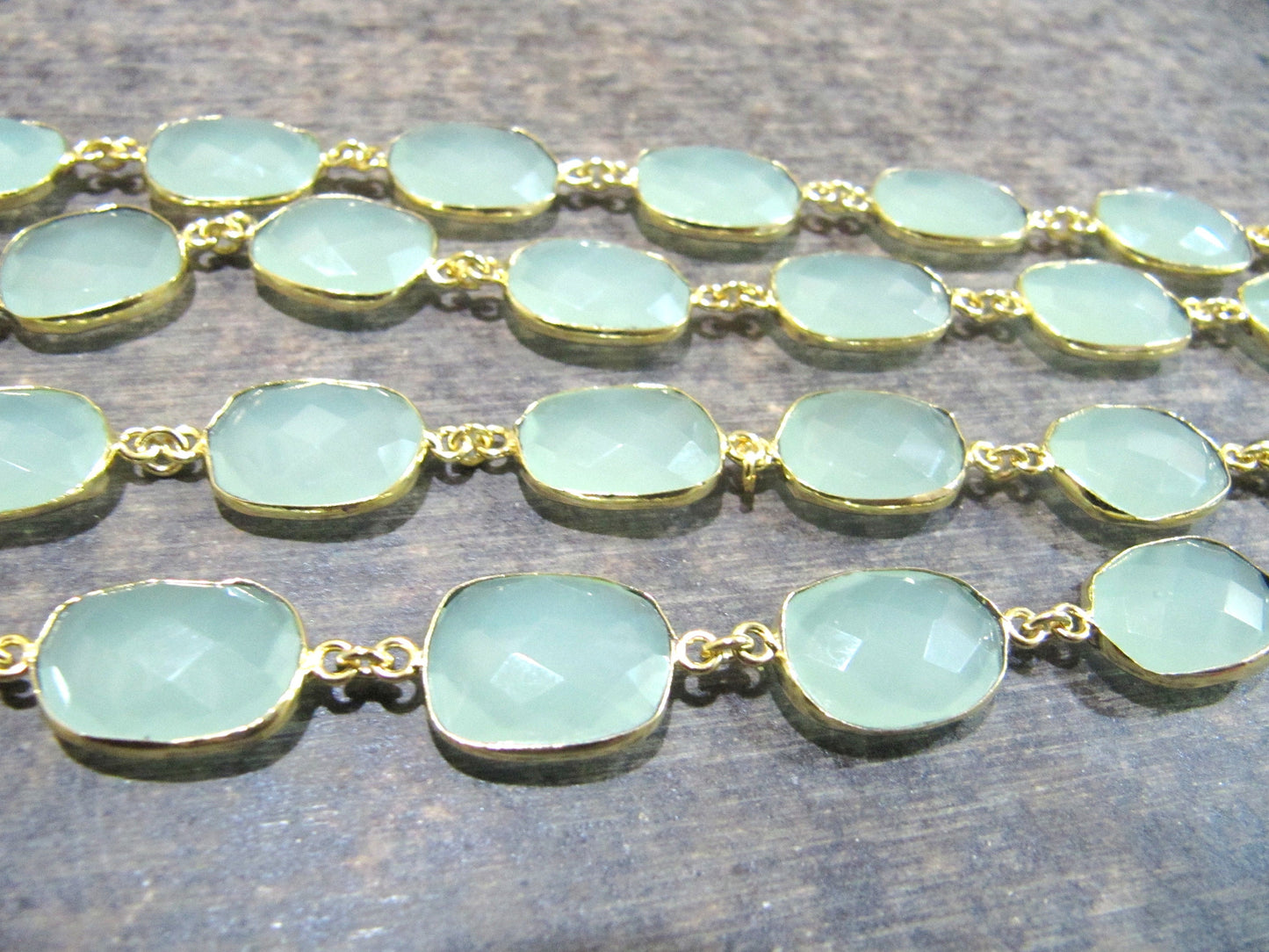 Aqua color Chalcedony free Shape Briolette 10 to 15mm Bezel Connector Chain Sold Per Foot choose the plating color