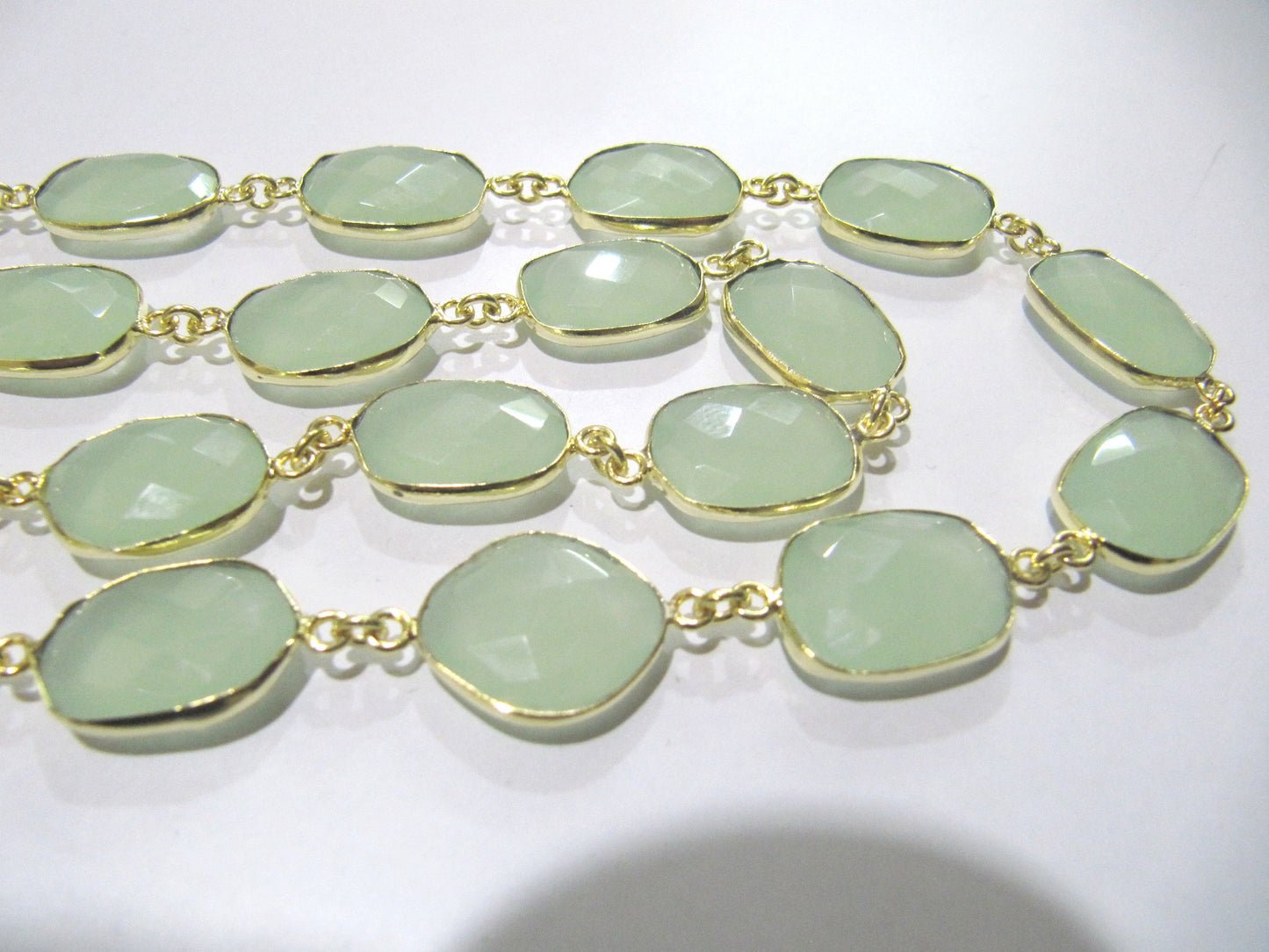 Aqua color Chalcedony free Shape Briolette 10 to 15mm Bezel Connector Chain Sold Per Foot choose the plating color