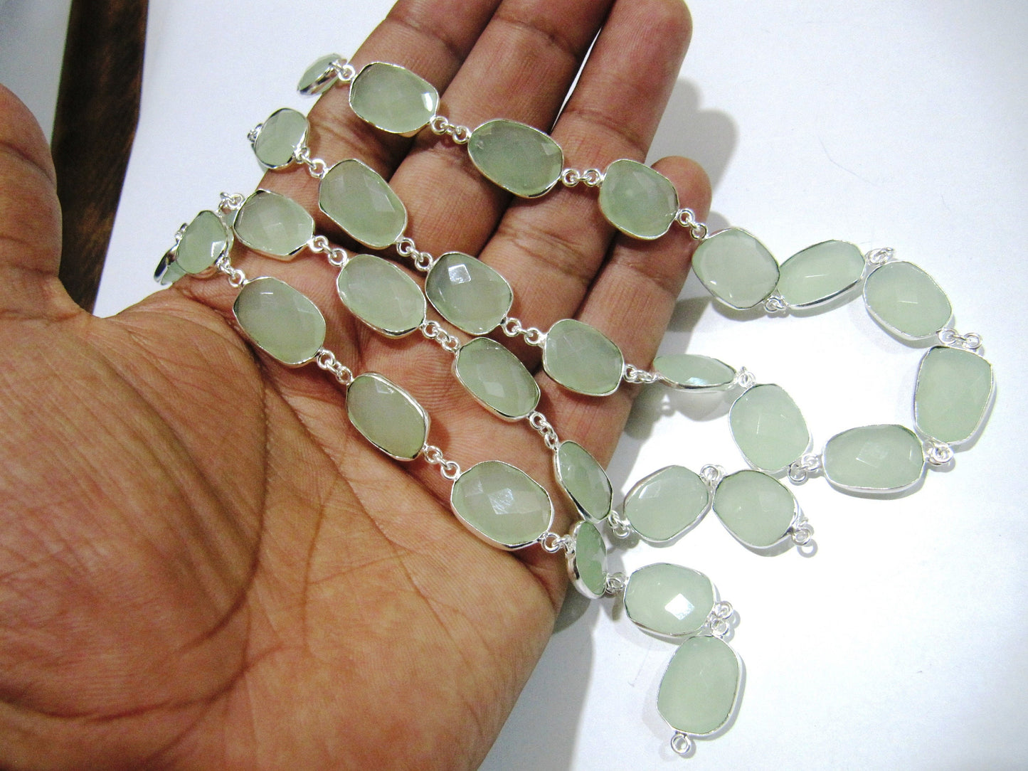 Aqua color Chalcedony free Shape Briolette 10 to 15mm Bezel Connector Chain Sold Per Foot choose the plating color