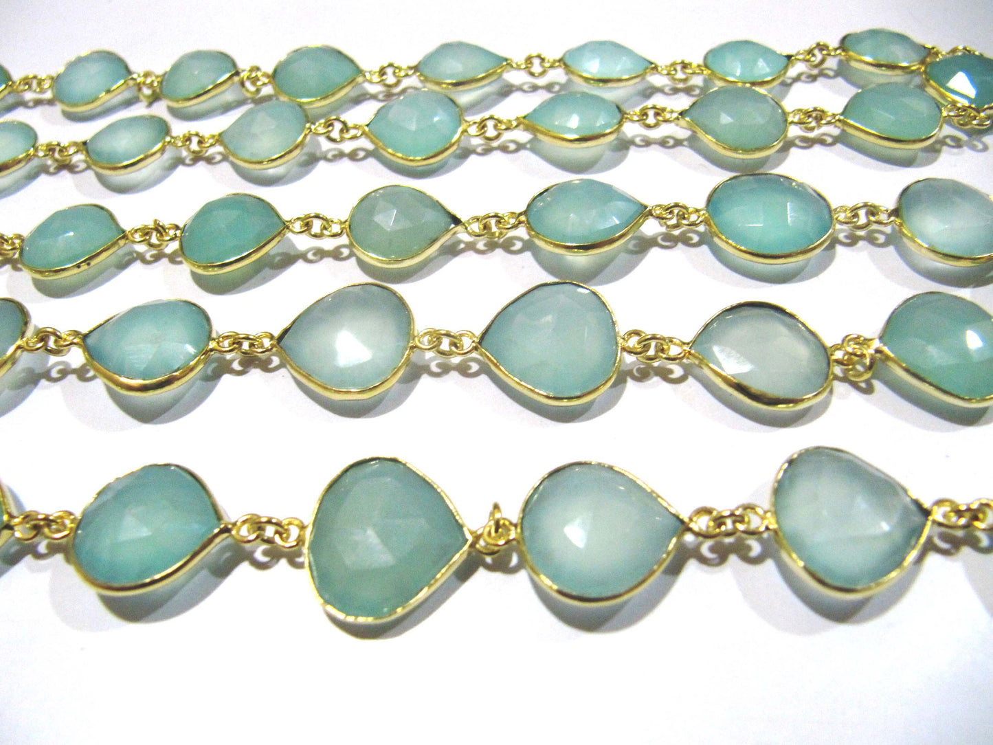 Natural Aqua Chalcedony Briolette Heart Shape 12-14mm Bezel Chain Sold Per Foot Handmade Gemstones Connector Chain