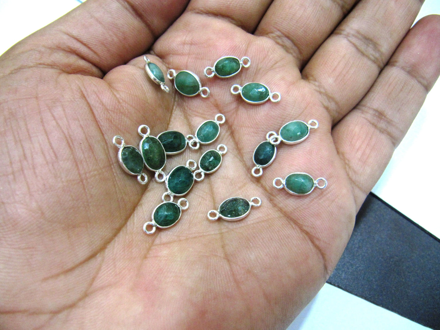Natural Emerald 925 Sterling Silver Oval shape Briolette Bezel Connector 5to8mm Double Loop Sold Per Piece Choose The size